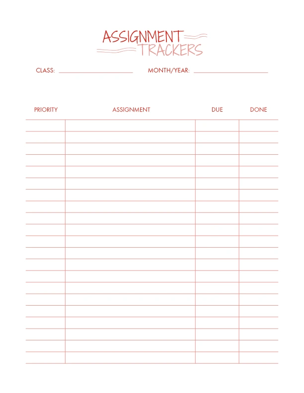 assignment tracker google sheets aesthetic printable downlaod free pdf