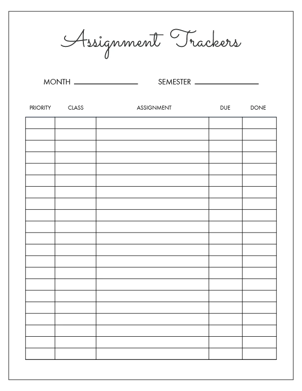 free black assignment tracker template printable free downlaod pdf