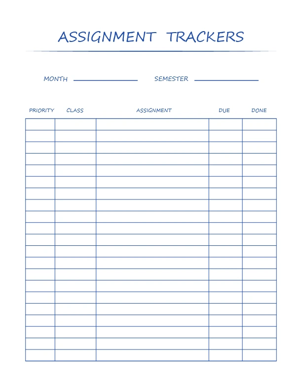 simple minimalist free assignment tracker template printable free downlaod pdf