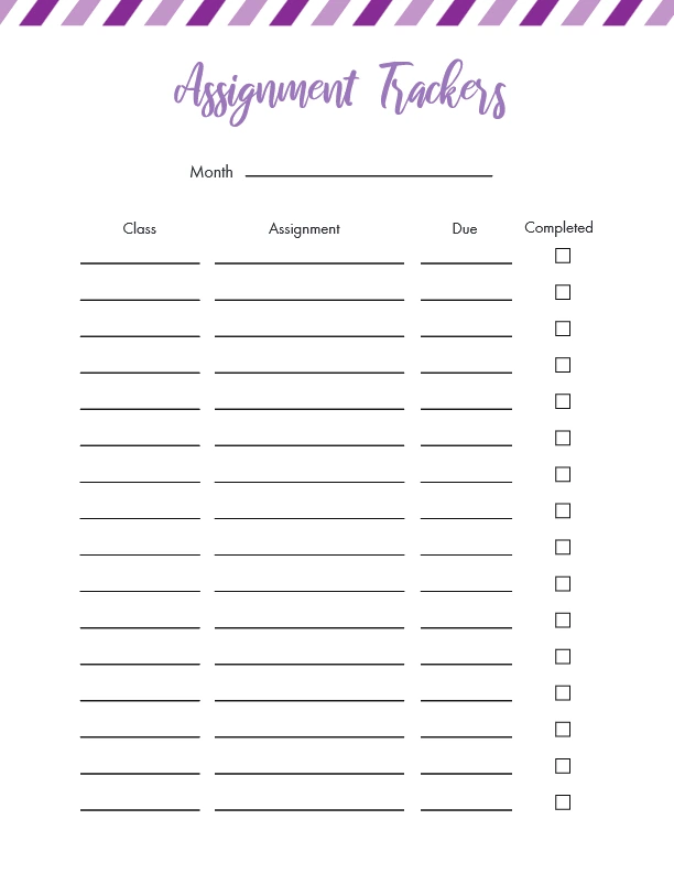 free bordered assignment tracker template printable free downlaod pdf
