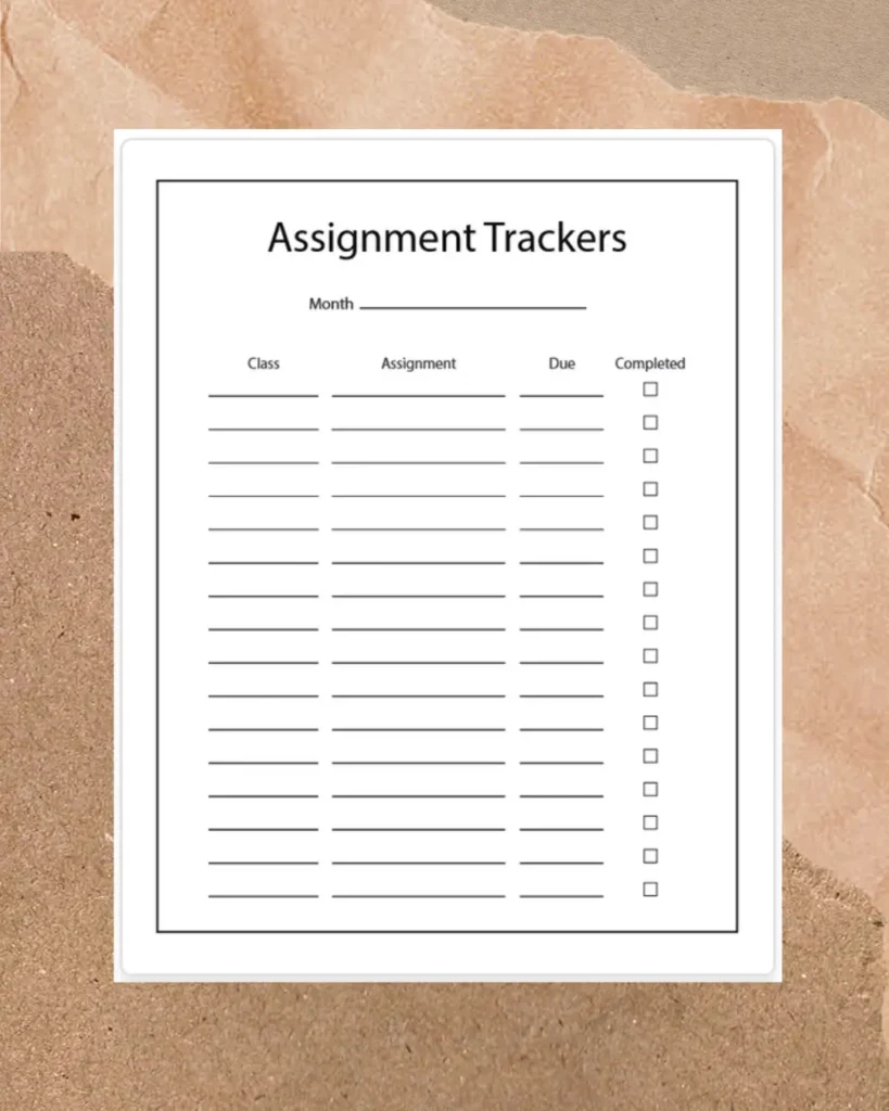 assignment tracker monthly printable pdf