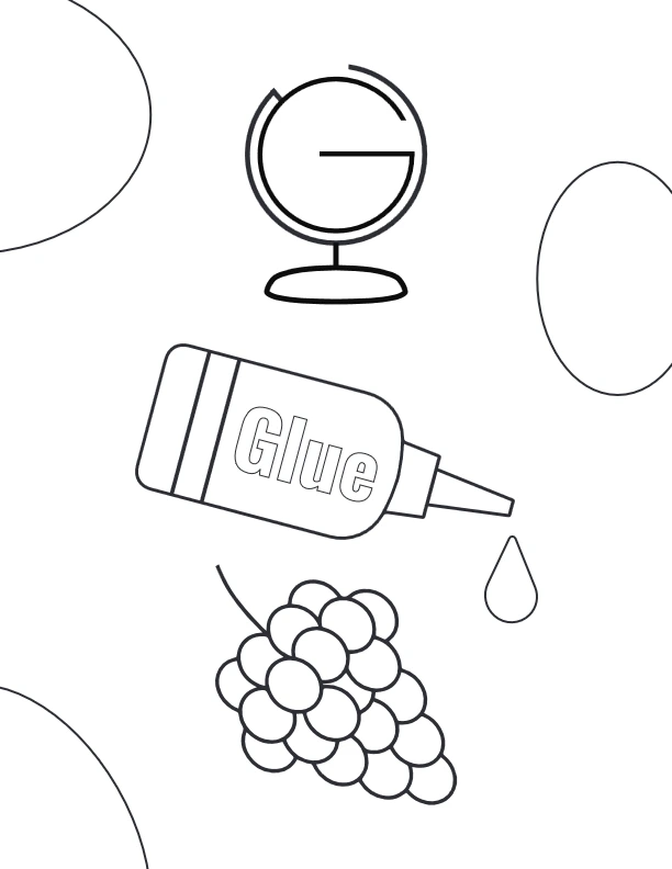 Globe, glue bottle, and grapes objects coloring worksheet