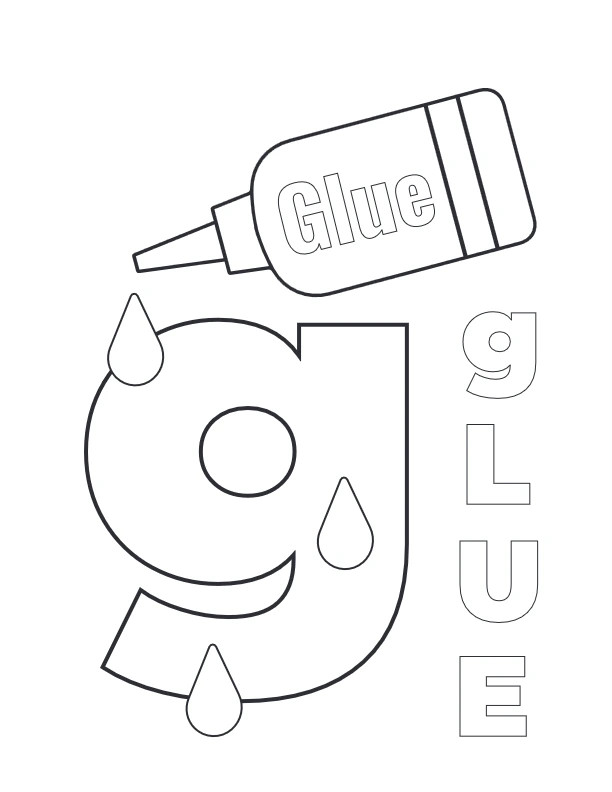 Lowercase g with glue drops coloring worksheet