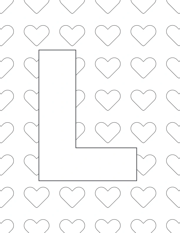 Letter L coloring page with heart pattern background