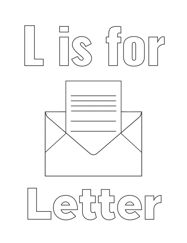 L is for Letter coloring page with envelope and paper
