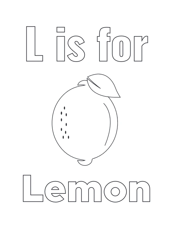 L is for Lemon coloring page with fruit illustration