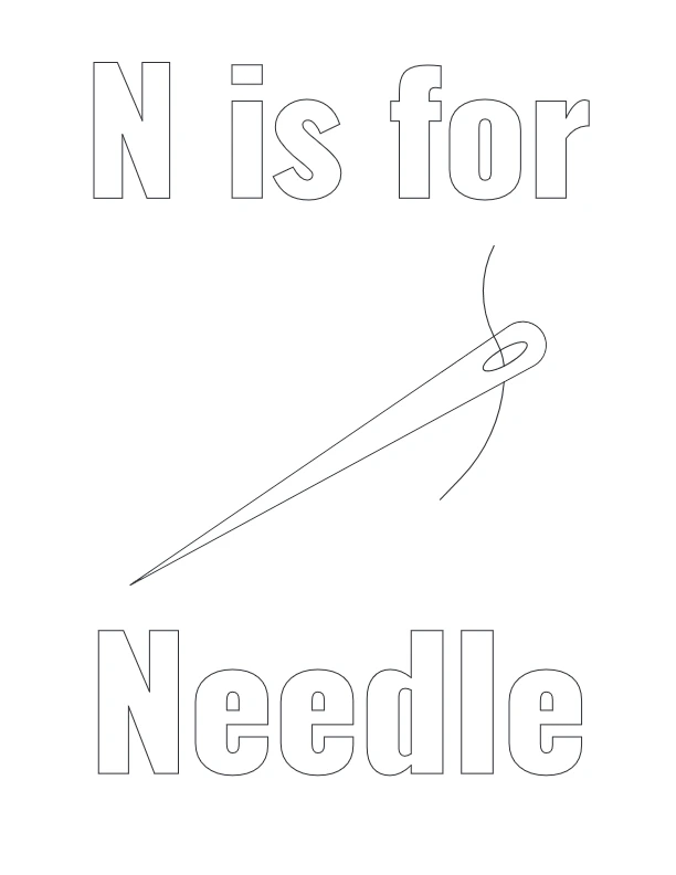 N is for Needle coloring page with needle illustration