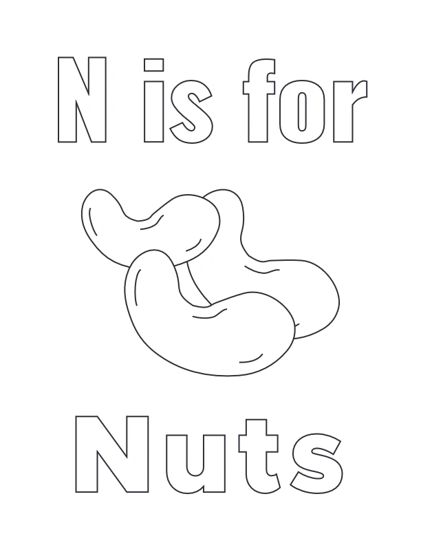 N is for Nuts coloring page with nut drawings