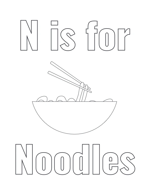 N is for Noodles coloring page with bowl and chopsticks