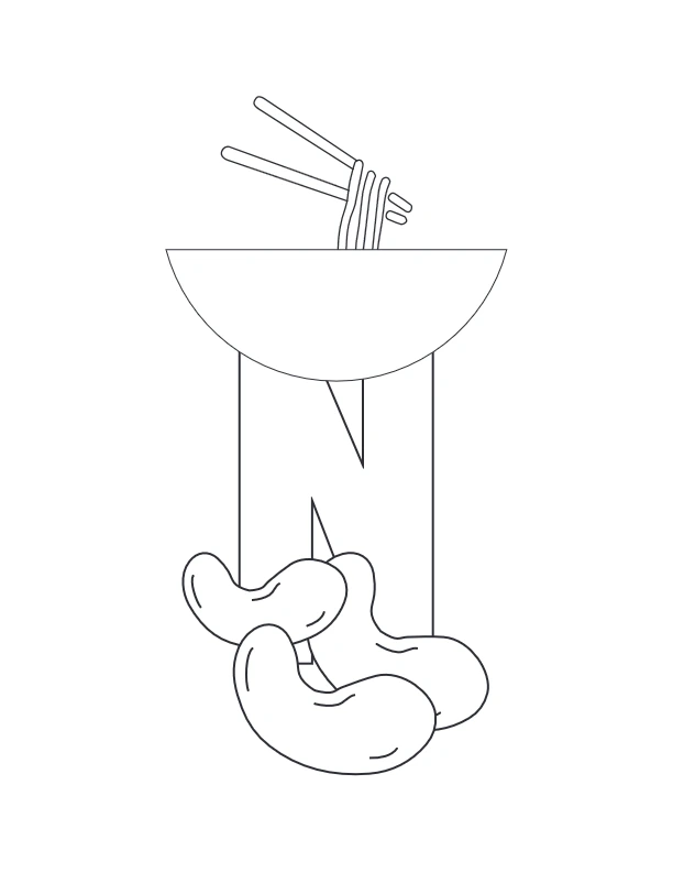Letter N with noodles and nuts illustration coloring page