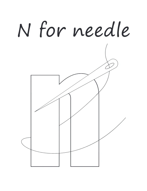 Lowercase n with needle illustration coloring page