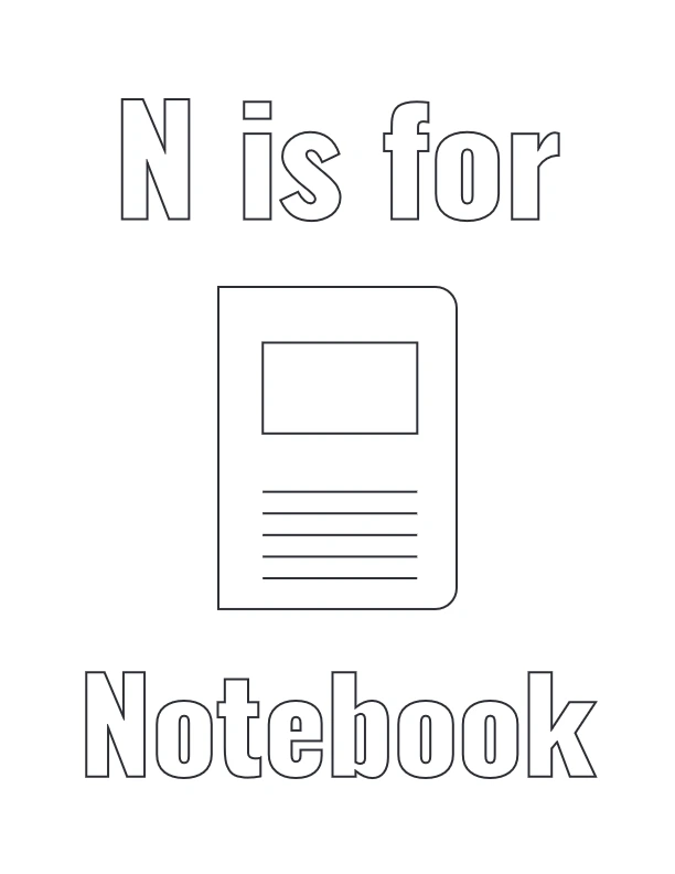 N is for Notebook coloring page with notebook drawing