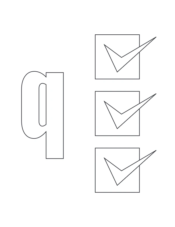 Lowercase q coloring page with three check mark boxes