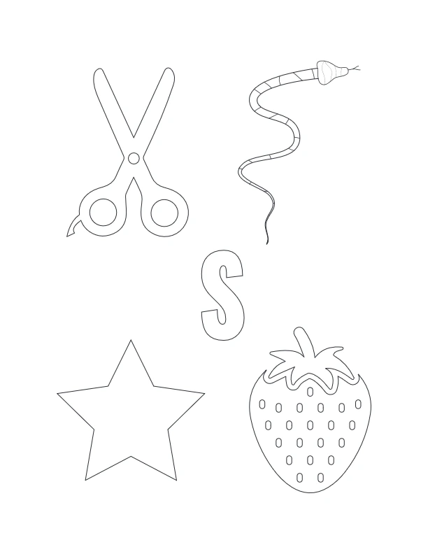 Letter S objects coloring page with snake, scissors, star, and strawberry
