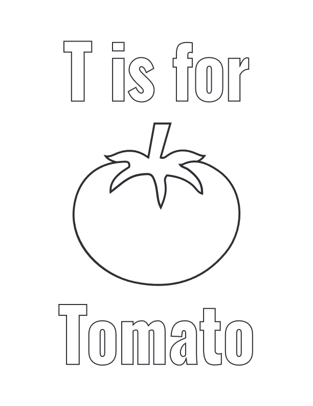 Letter T is for Tomato coloring page with tomato outline
