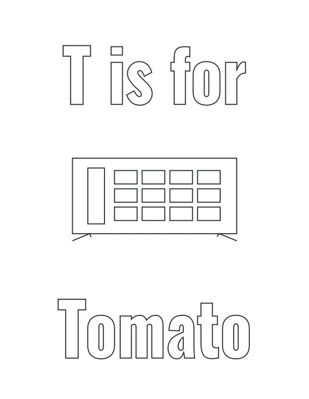 Letter T is for Tomato coloring page with rectangular segmented design