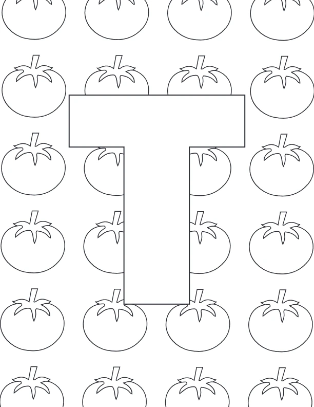 Uppercase T coloring page with tomato pattern background