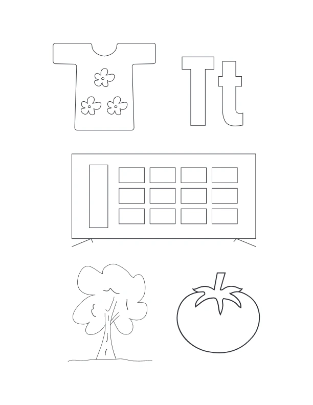 Mixed Letter T coloring page with T-shirt, uppercase and lowercase T, tomato, tree, and segmented box