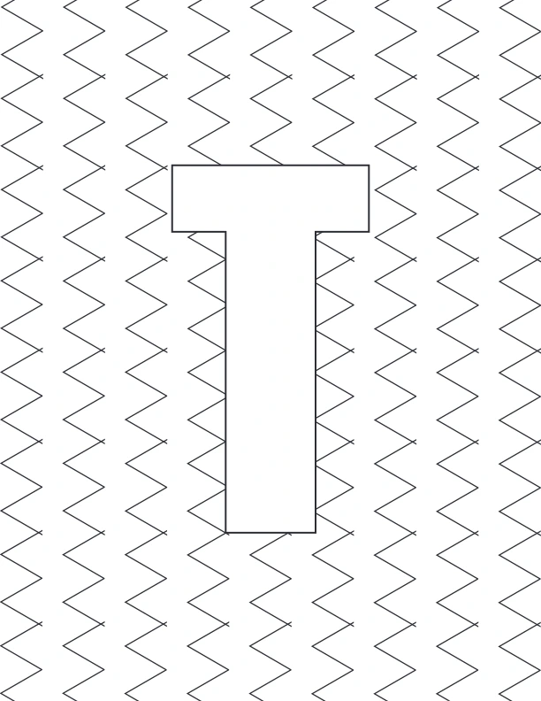 Letter T coloring page with zigzag pattern background