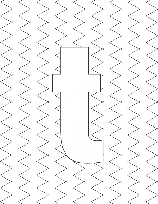 Lowercase t coloring page with zigzag pattern background