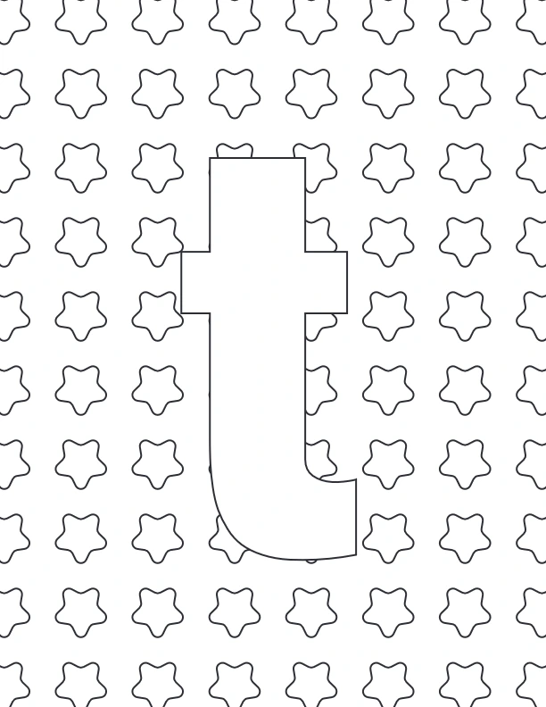 Lowercase t coloring page with star pattern background