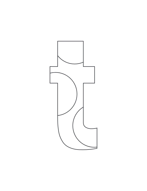 Lowercase t coloring page with abstract curved shapes inside