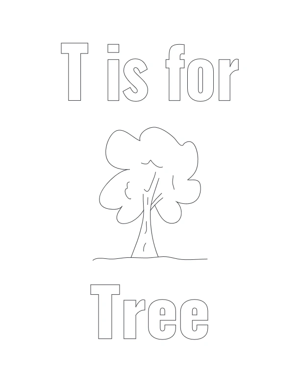 Letter T is for Tree coloring page with tree drawing