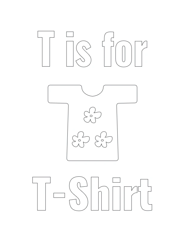 Letter T is for T-shirt coloring page with flower decorations