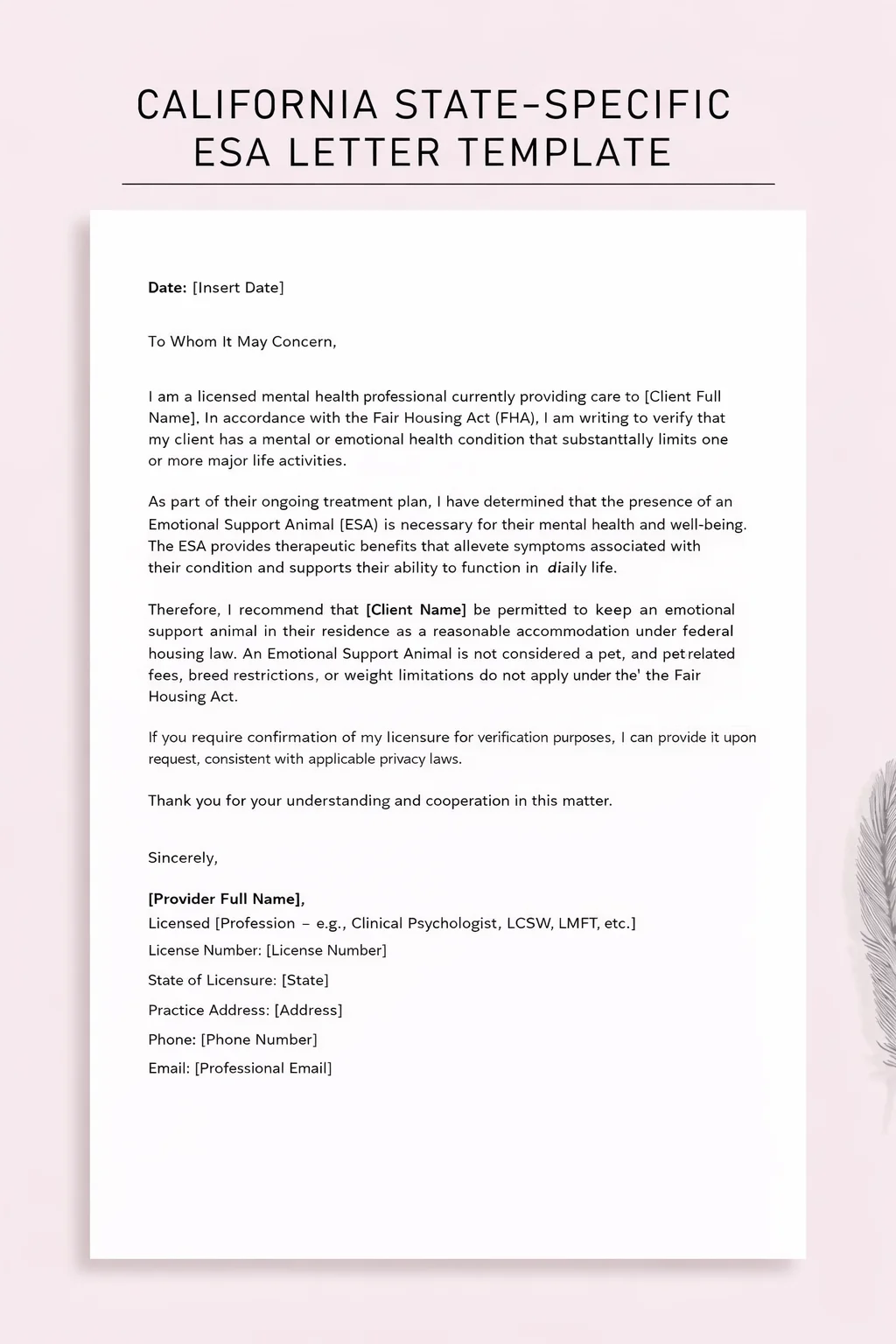California ESA Letter Template (State-Specific Housing Format)