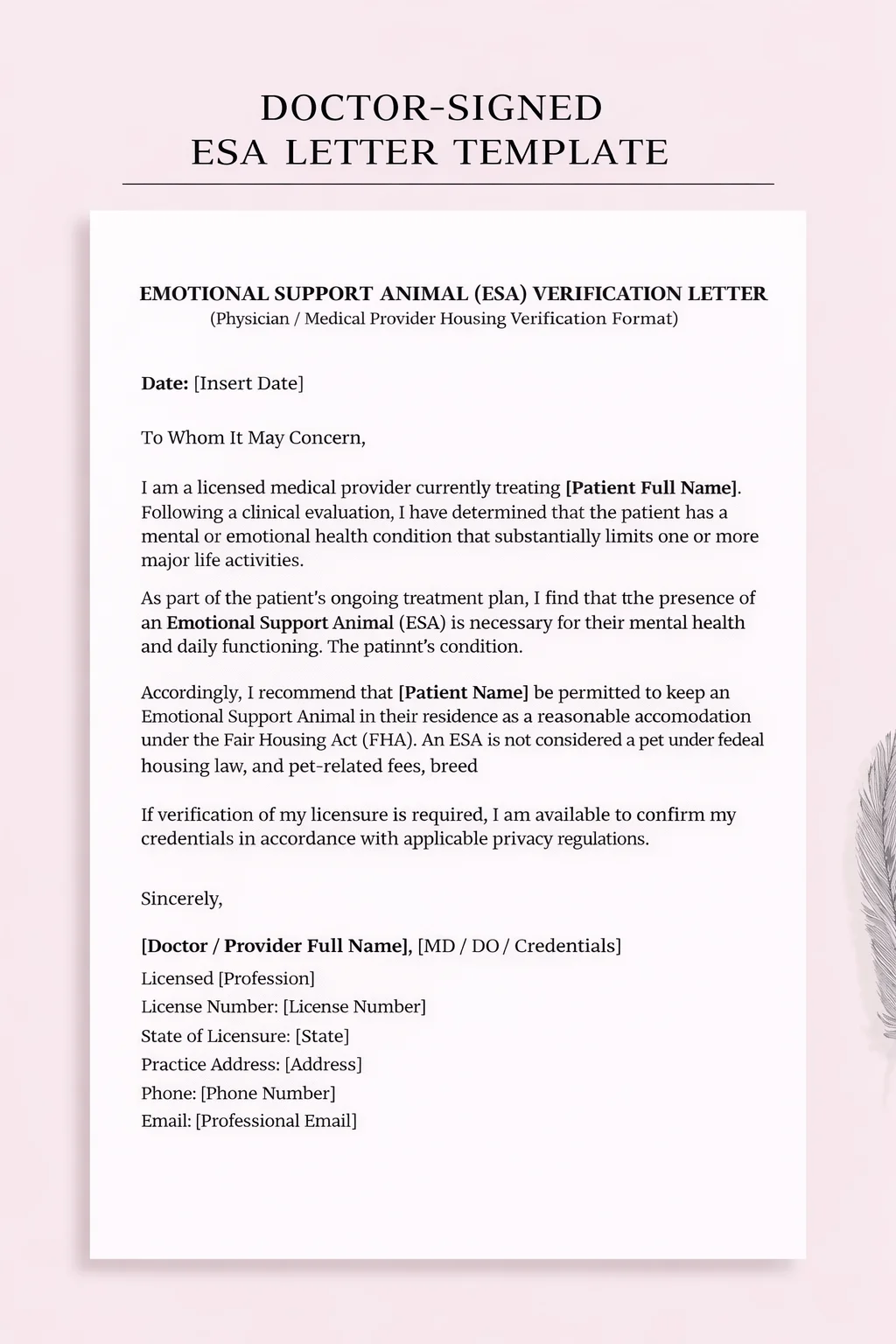 Doctor-Signed ESA Letter Template (Housing Verification Format)